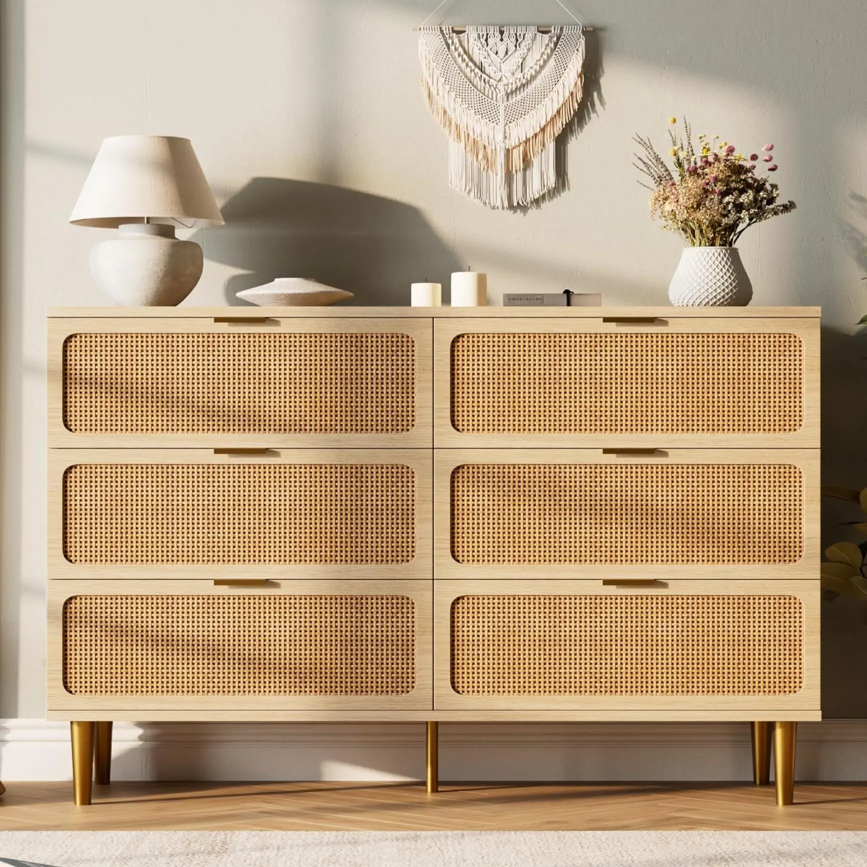 Yellow 6 Drawer Rattan Dresser Wooden Storage Organizer with Deep Drawers and Wide Top for Bedroom Living Room Entryway Kids Room Wood Color, Six-Drawer Capacity