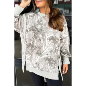 Gray Leafy Camo Print Exposed Seam Patchwork Baggy Slit Sweatshirt