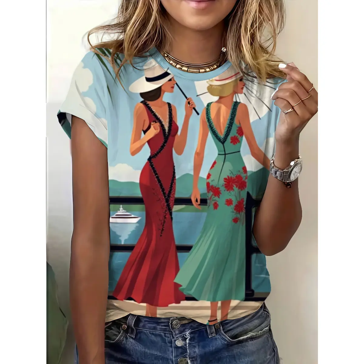 Women's T-Shirt with 1920s Seaside Printed Art, Vintage-Inspired Casual Short Sleeve Round Neck Relaxed Fit Polyester Top, Women's Clothes