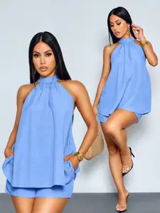 Elegant Casual Beach Vacation Two-Piece Set for Women, Mint Halter Top with Asymmetrical Hem and Matching Shorts, Spring Summer Fashion
