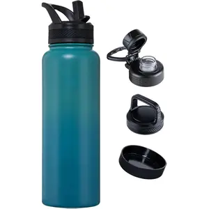 40 oz Insulated Water Bottle – Stainless Steel Flask with 3 Lids (Straw, Spout, Carabiner) | Durable, Leakproof, for Hiking, Camping, Outdoor Adventures & Travel (Green Blue)