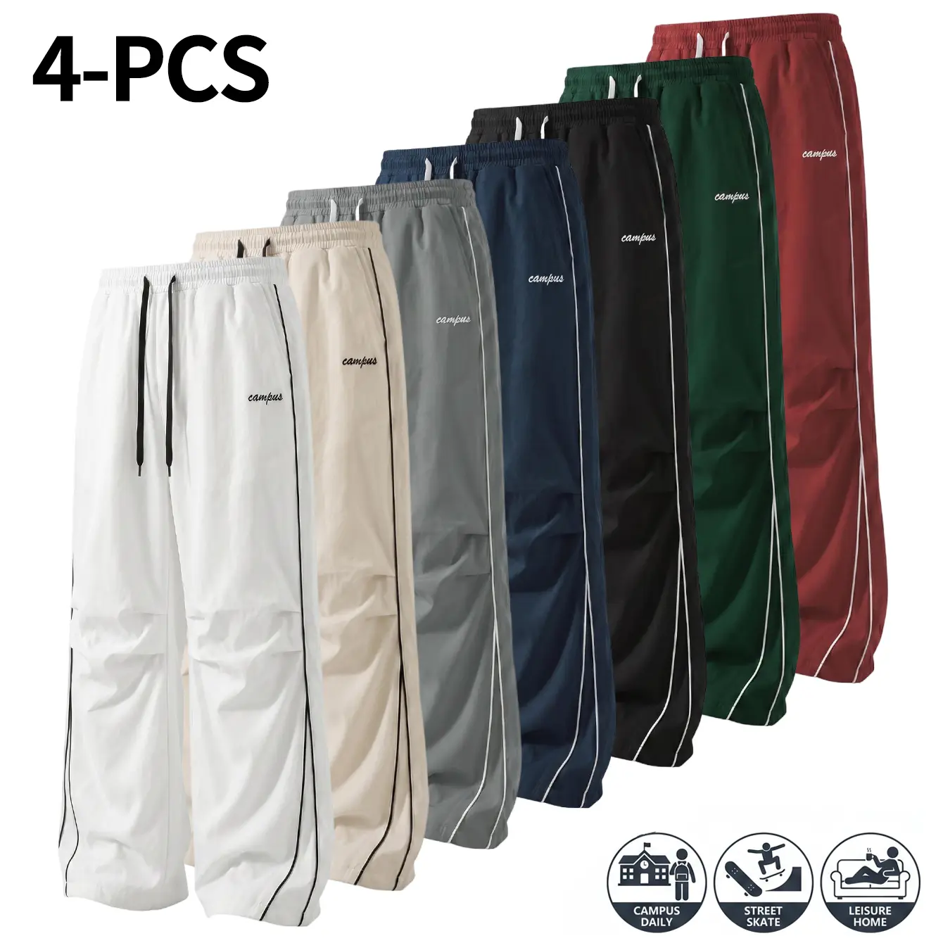 4-pack men’s streetwear skate wide-leg athletic pants featuring side contrast piping, drawstring waist, and 3D knee cut—loose casual pants that are comfortable and breathable for everyday wear; straight-leg long pants, a great choice for campus outfits in