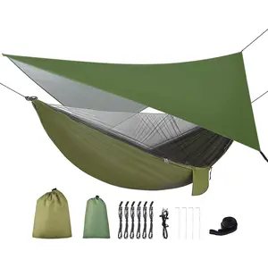 Hammock with Rain Fly Tarp and Mosquito Net Tent Tree Straps, Portable Single Double Nylon Parachute Hammock Rainfly Set for Backpacking Hiking Travel Yard Outdoor Activities Green