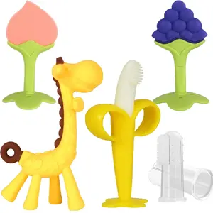 Baby Teething Toys Set - BPA Free Silicone Teethers for Babies, Freezer Safe, Soothe Sore Gums Relief, Banana Toothbrush & Fruit-Shaped Giraffe Teether for Infant Boys & Girls