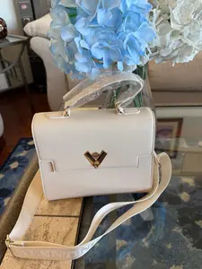 Beige Vegan Leather Top Handle Handbag with Adjustable Guitar Strap