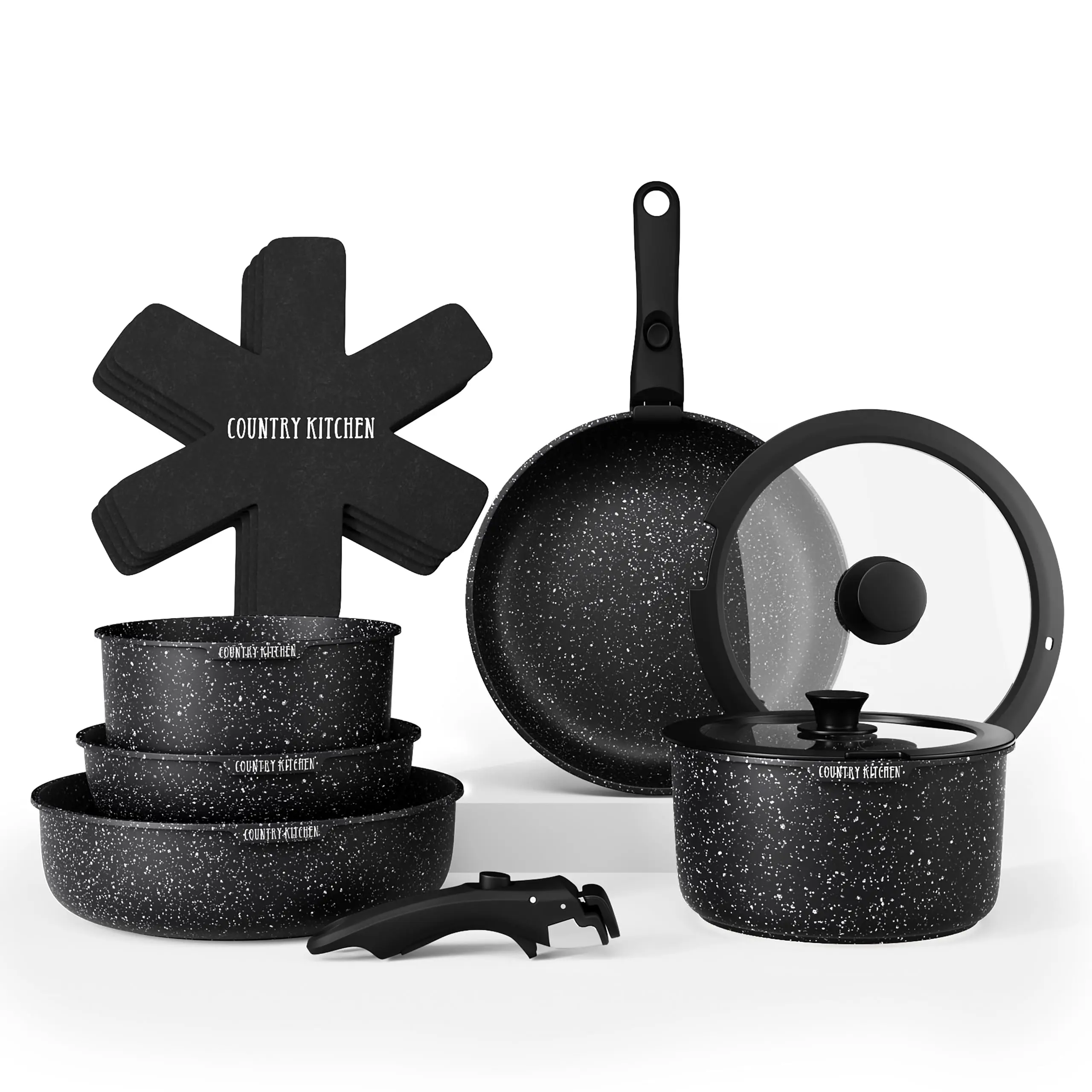Country Kitchen Cookware Set with Removable Handle, Oven & RV Safe Pots and Pans Set, Cream Rhombus, Original