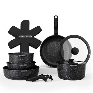 Country Kitchen Cookware Set with Removable Handle, Oven & RV Safe Pots and Pans Set, Cream Rhombus, Original