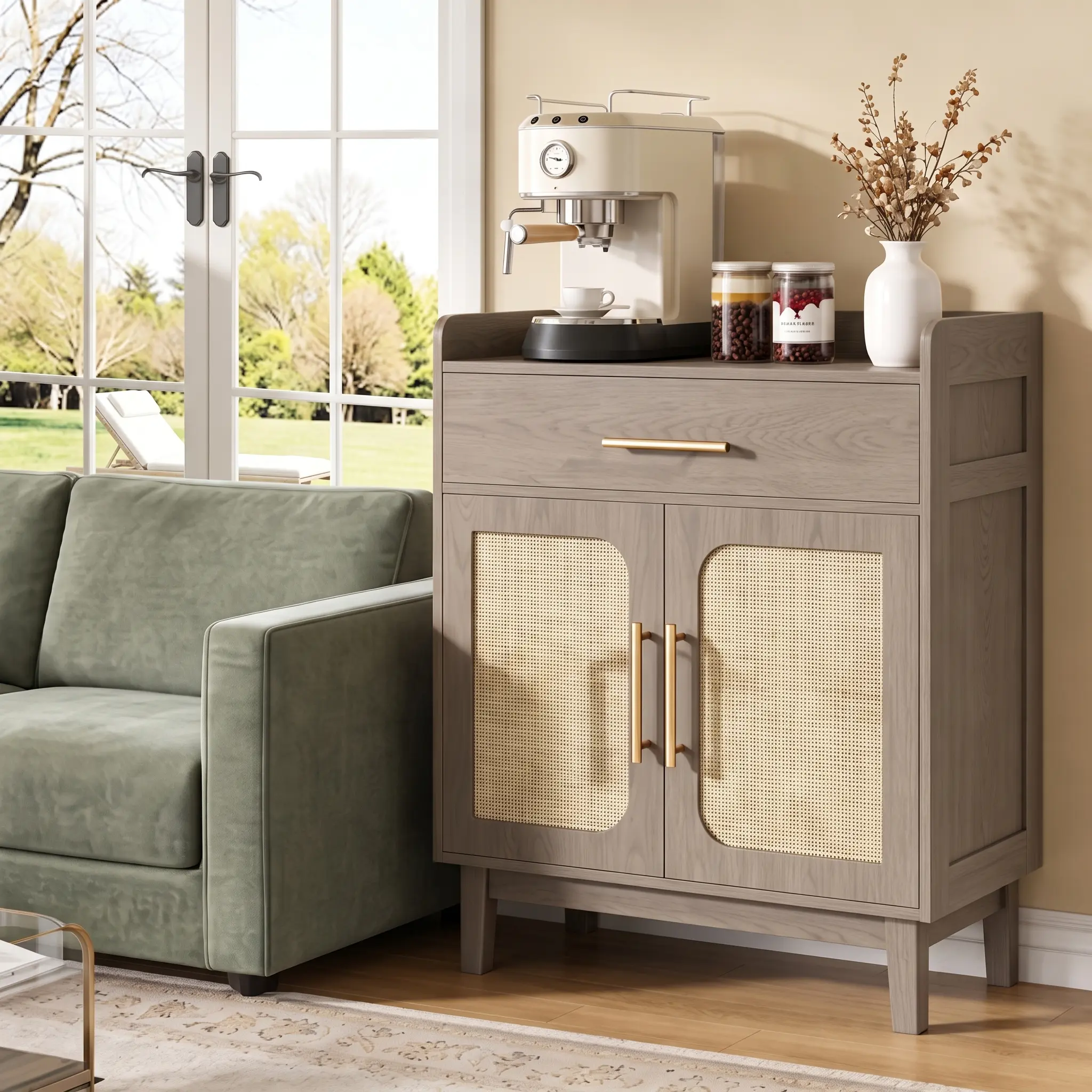 Farmhouse Rattan Buffet Cabinet - Narrow Console Cabinet with USB & AC Outlets for Kitchen, Foyer