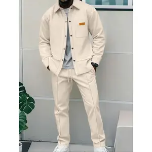 Men's Fashion Waffle Knit Casual Jacket Set, 2 Piece Spring & Fall Long Sleeve Fitted Outerwear, Patchwork Style with Pockets