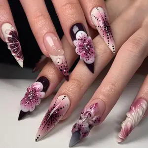 M7 Plum Pink Floral Press-On Nails, 3D Flower Accents, Soft Ombre Nude to Burgundy Tones, Hand-Painted Dot Art, Long Stiletto Shape, Elegant Statement Nail Design