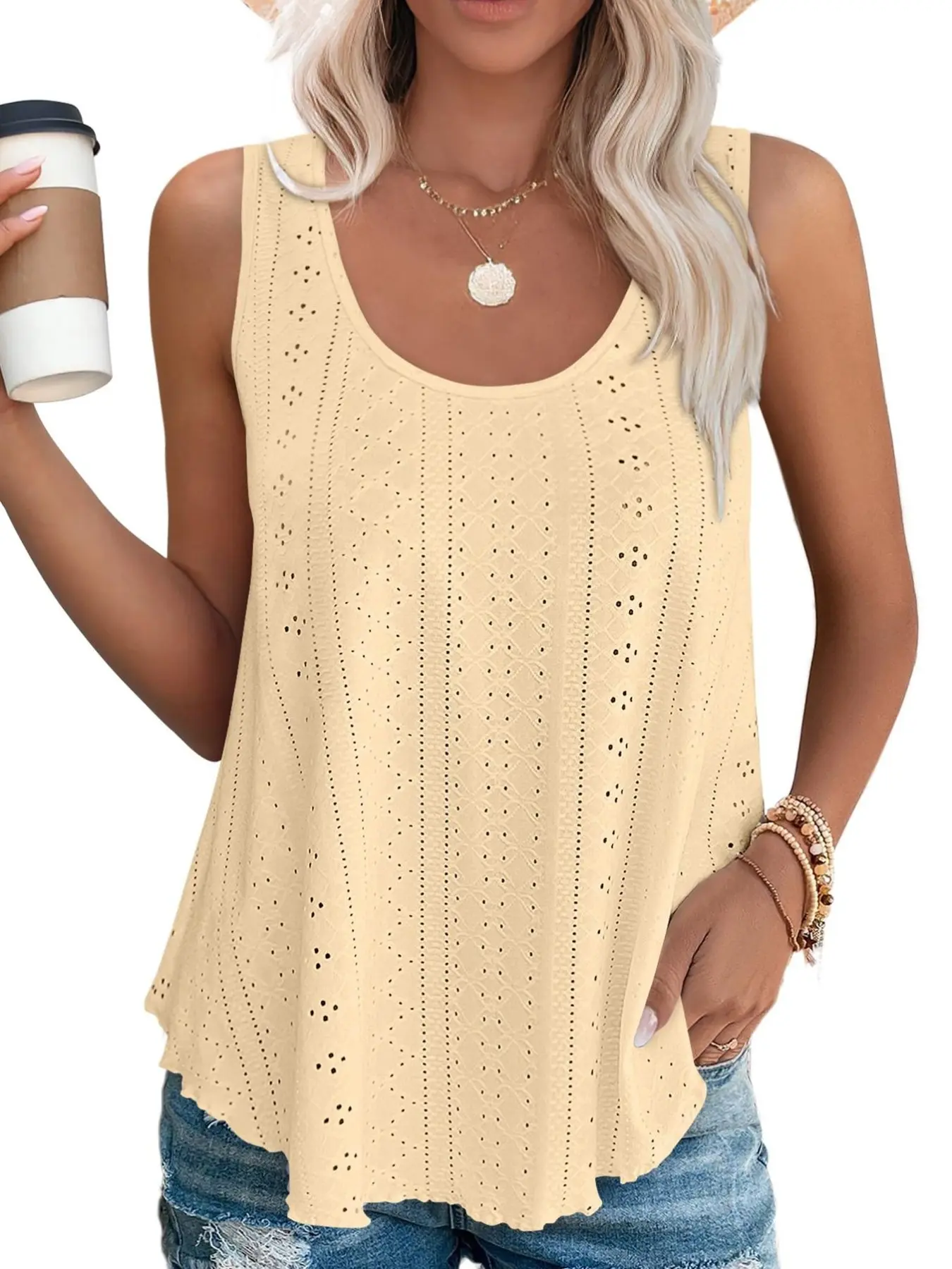 Women's Feminine Hollow Out Round Neck Ruffle Loose Sleeveless Vest Tops Summer Tops Trendy, Fashionable Comfort Design, Ideal for Casual Wear, Perfect Gift Choice