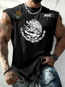 Men's Mexican Theme Letter Flag Round Neck Top, Gym Vest Design, Suitable for Fitness Training and Running, Elastic Activity Wear