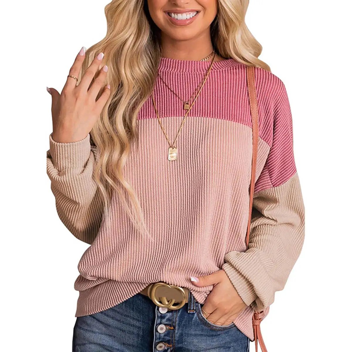 Womens Fashion Color Block Long Sleeve Crewneck Knitted Casual Loose Pullover Tops