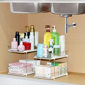 2-Tier Bathroom Storage Organizer, Pull Out Under Sink Organizers Storage, Stackable Pantry Kitchen Organization and Storage, Clear Under Cabinet Storage with Movable Dividers (2 PCS)