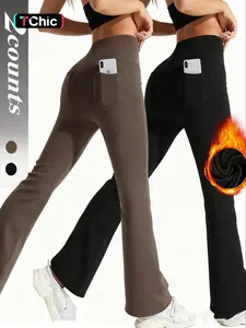 Women's Solid Color High Waist Sports Flare Leg Leggings, Casual Comfy Pocket Design Bell Bottom Trousers for Yoga Gym Workout Running, Ladies Sportswear for Fall & Winter, High Waisted Leggings