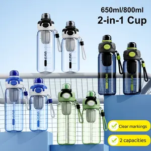 650ml/800ml Premium Portable Plastic Water Tumbler with Straw & Lanyard, Heat Resistant Dual Spout Water Bottle with Tea Infuser, Measurement Markings for Outdoor Sports, Fitness, School & Travel, Hiking, Office, Commute, Car Use