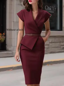2026 Spring Summer New Solid Hat Sleeve Suit Style Midi Skirt, Belted Commuter Elegant Look, No Belt Included, Fashionable Women's Clothing