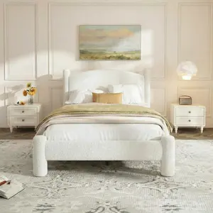 Upholstered Platform Cloud Bed Frame in White, TWIN/Full/Queen, featuring a Soft Round Headboard & Cylindrical Legs, Heavy Duty & Noise-Free, No Box Spring Needed – Easy