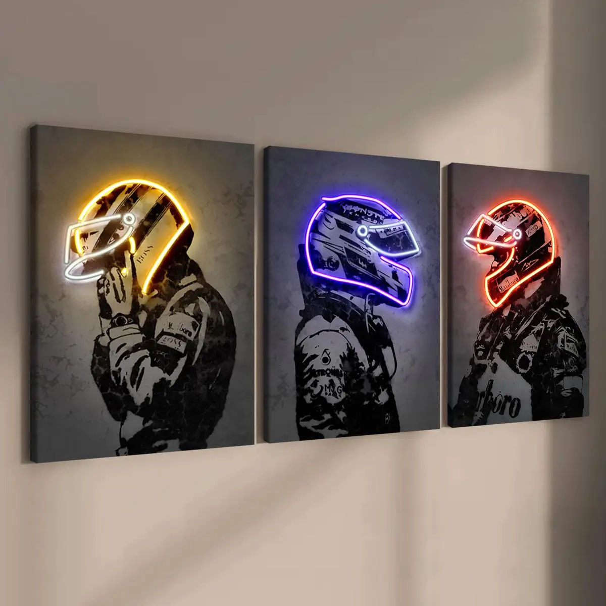 Wooden Framed Canvas Neon Racer Poster, Creative Design Print, 3 Counts Modern Cool Design Modern Art Wall Decoration, Home Decoration Poster, Office, Living Room, Bedroom Aesthetic Wall Decor, Artistic Artwork, Modern Abstract Art