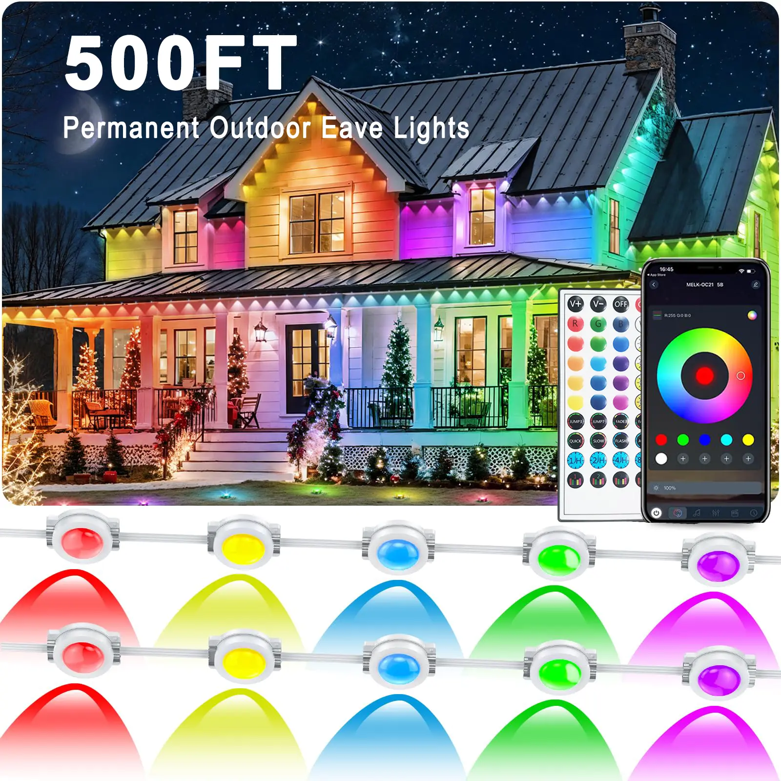 RGB Permanent Outdoor Lights – RGB Colorful Eaves Lights with App & Remote Control, IP67 Waterproof String Lights for Garden Decor,Deck,Christmas