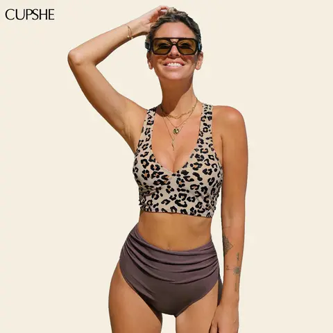 CUPSHE Women's Midkini Bikini Swimsuit - High Waisted Cheetah Print, Tummy Control, Asymmetrical Crossover Bust, Criss-Cross Support Back, Mid Rise for Beach Vacation Summer, Swimsuits Tummy Control #outdoorfun