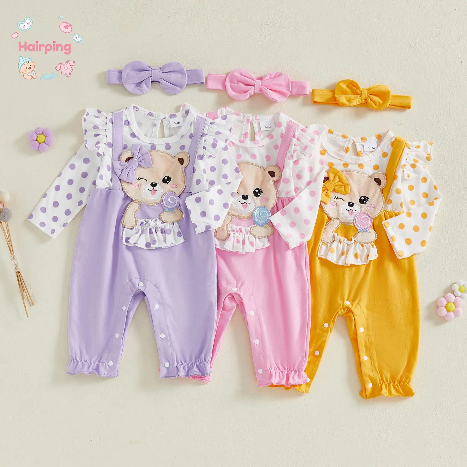 Baby Girl Bear Patch Romper, Ruffle Trim Fake Two-Piece Long Sleeve Jumpsuit with Bow Headband, 2 Piece Outfit, Casual Baby Girls Set