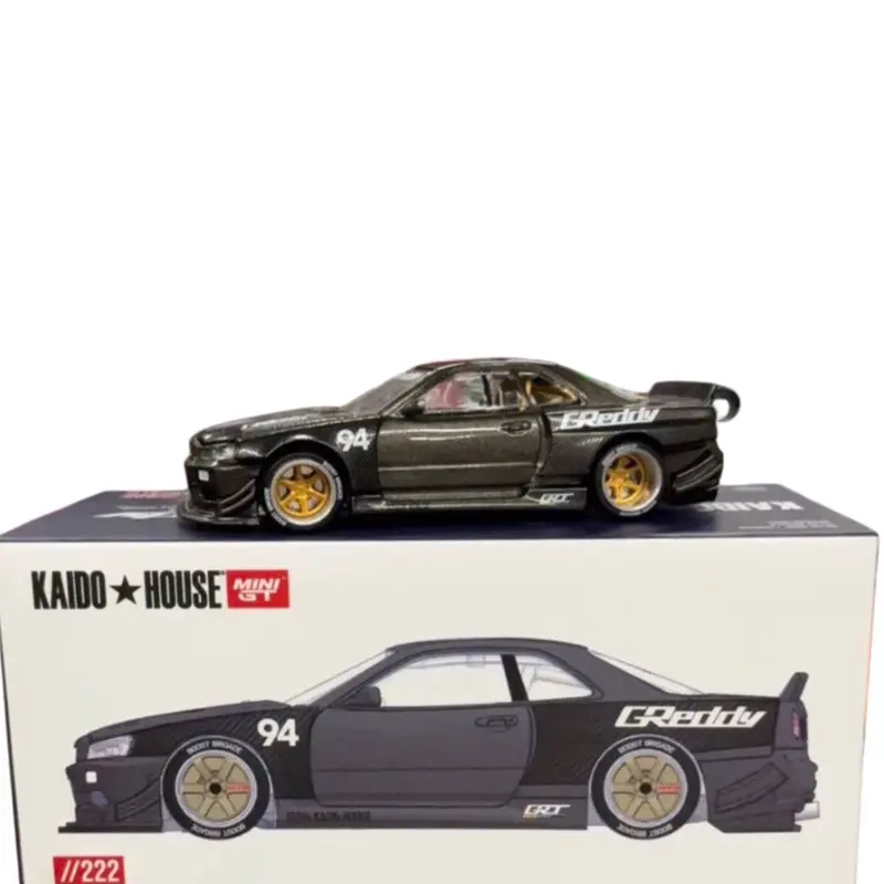 Kaido House x Mini GT 1:64 Nissan Skyline GT-R (R34) Kaido Works GReddy V2 – Black w/ Carbon
