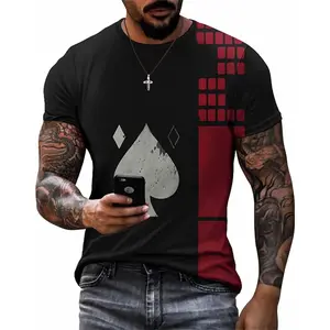 Unisex Black T - Shirt with Distressed Spade & Diamonds Graphic, Red Grid Accents – Casual Streetwear for Casino Nights, Parties & Daily Styling