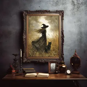 [SALE UP TO 50% - UNFRAMED] Witch and Black Cat in Field Poster, Witchy Wall Art, Halloween Home Decor, Witchcore Print, UNFRAMED