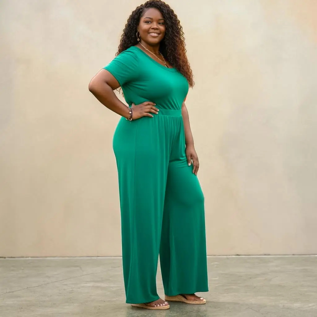 Women's Modest Islamic Chic Plain Casual Rayon Plus Size High-Waist Wide-Flair Wide-Leg Jumpsuit for Enhancing Curves