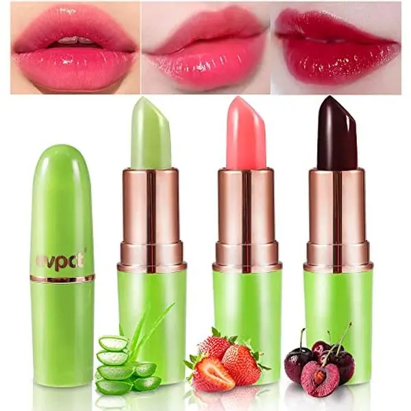evpct 3Pcs Magic Color Changing Lipstick Long Lasting Waterproof 24 Hours Original for Women, Aloe Vera Strawberry Black Red Cherry PH Mood Permanent Color Changing Lipstick Lip Balm, labial magico