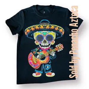 Calavera Mariachi Neon Design, Black T-Shirt - Stylish Menswear, short sleeve, Clothing Day - Streetwear