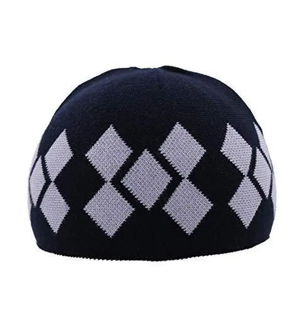 Modefa Islamic Men's Argyle Cotton Kufi Cap (Navy/Gray)