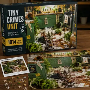 Tiny Crimes Unit Cat Puzzle | Funny Chaotic Kitchen Jigsaw Puzzle (1014 pcs)