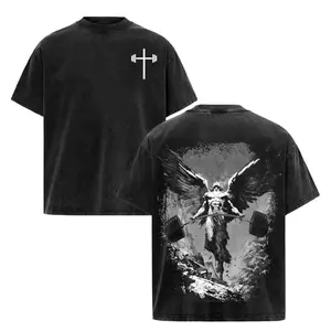 Men's Angel Gym Washed T-Shirt - Oversized Warrior Fitness Figure Tee, Vintage Christian Pump Cover Streetwear Top