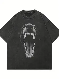 Men's Vintage Washed Black T-Shirt - Heavy-Duty Doberman Graphic Tee, Relaxed Fit Crewneck Shirt for Everyday & Formal Outfits - All-Season Casual Wea y2k,soulja,concert,Halloween,Gothic,Vintage,Streetwear Graphic Y2K Streetwear Graphic Tee