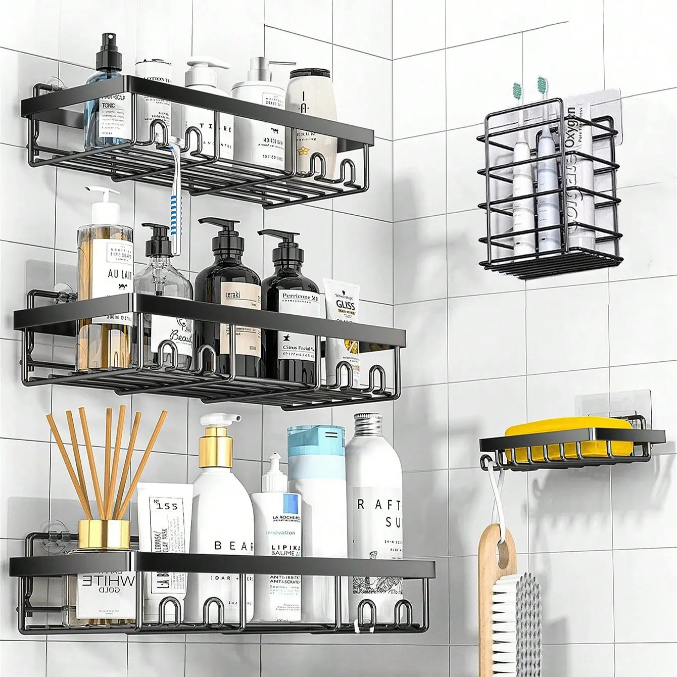 5-Pack Adhesive Shower Caddy Organizer Shelf, Shower Organizers, Equipped 4 Iron, 4 Plastic Hooks, Rustproof, No Drilling Shower Shelves, Bathroom Decor, Bathroom Organizer Supplies, Bathroom Space Saver, Multiple Color Options, Bathroom Accessories
