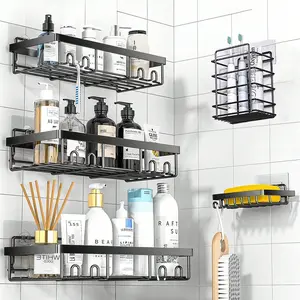 5-Pack Adhesive Shower Caddy Organizer Shelf,Equipped 4 Iron Hooks and 4 Plastic Hooks,Rustproof  Shower Shelves,No Drilling Shower Shelf for Inside Shower Home Bathroom Decor Bathroom Organizer Summer,Bathroom Space Saver,Multiple Color Options