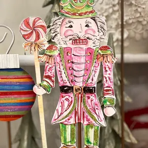Christmas Nutcracker Metal Stake Pink, Green, and Red