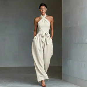 New Arrival Women's Sleeveless Halter Tie Pure Color Long Pants with Pockets, Backless Halter Sexy Slim Jumpsuit, Summer Cross Strap Vest Wide Leg Pant, Tie Front High Waist Jumpsuit, Stylish Belted Waist Design, Fashionable Solid Color Jumpsuit