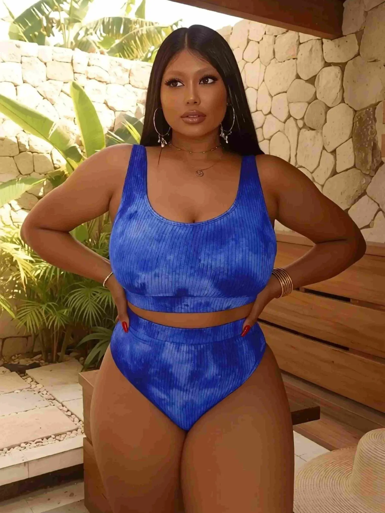 New European Style Plus Size Women's Tie Dye Split High Waist Swimwear Set, Trendy Design, Perfect for Beach Pool Vacation, Bikini Beachwear, Swimsuits Set, Summer Swimsuit Set