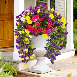 Artificial Flowers for Outdoor, 4 Pcs Faux Silk Morning Glory Silk Flowers UV Resistant Fake Hainging Flowers Colorful  Eucalyptus Leaves Look Real for Outside Porch Planter Home Decor