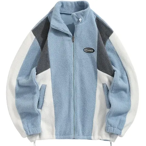 Men's Colorblock Zip Up Pocket Fleece Jacket, Casual Loose Long Sleeve Outerwear for Fall & Winter, Men's Clothes for Daily Wear, Casual Comfy Jacket