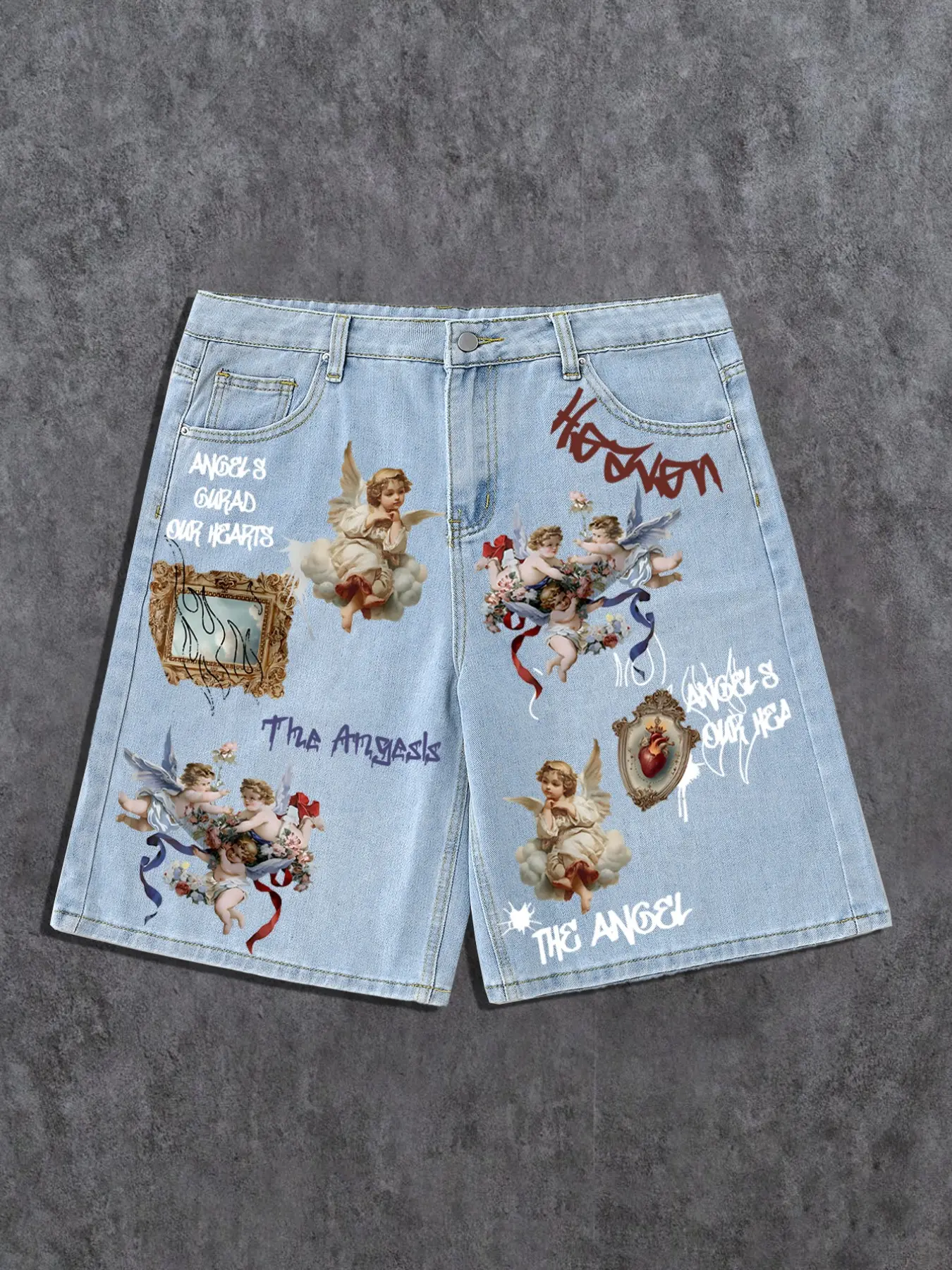 Men's Casual Denim Shorts, Cupid Print, Light Blue Jean, Light Wash, High Waist, Loose-Fitting, Street Style, Streetwear, Music Festival, All Seasons