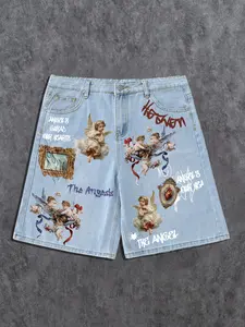 Men's Casual Denim Shorts, Cupid Print, Light Blue Jean, Light Wash, High Waist, Loose-Fitting, Street Style, Music Festival, All Seasons