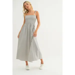 Ecru Striped Maxi Dress with Pockets
