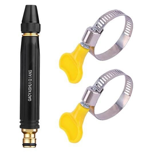 This household high-pressure car wash nozzle,with a booster nozzle and two hose clamps,is a portable handheld sprayer and an essential tool for watering plants and vegetables,washing cars,garden cleaning,pet bathing,and outdoor rinsing.