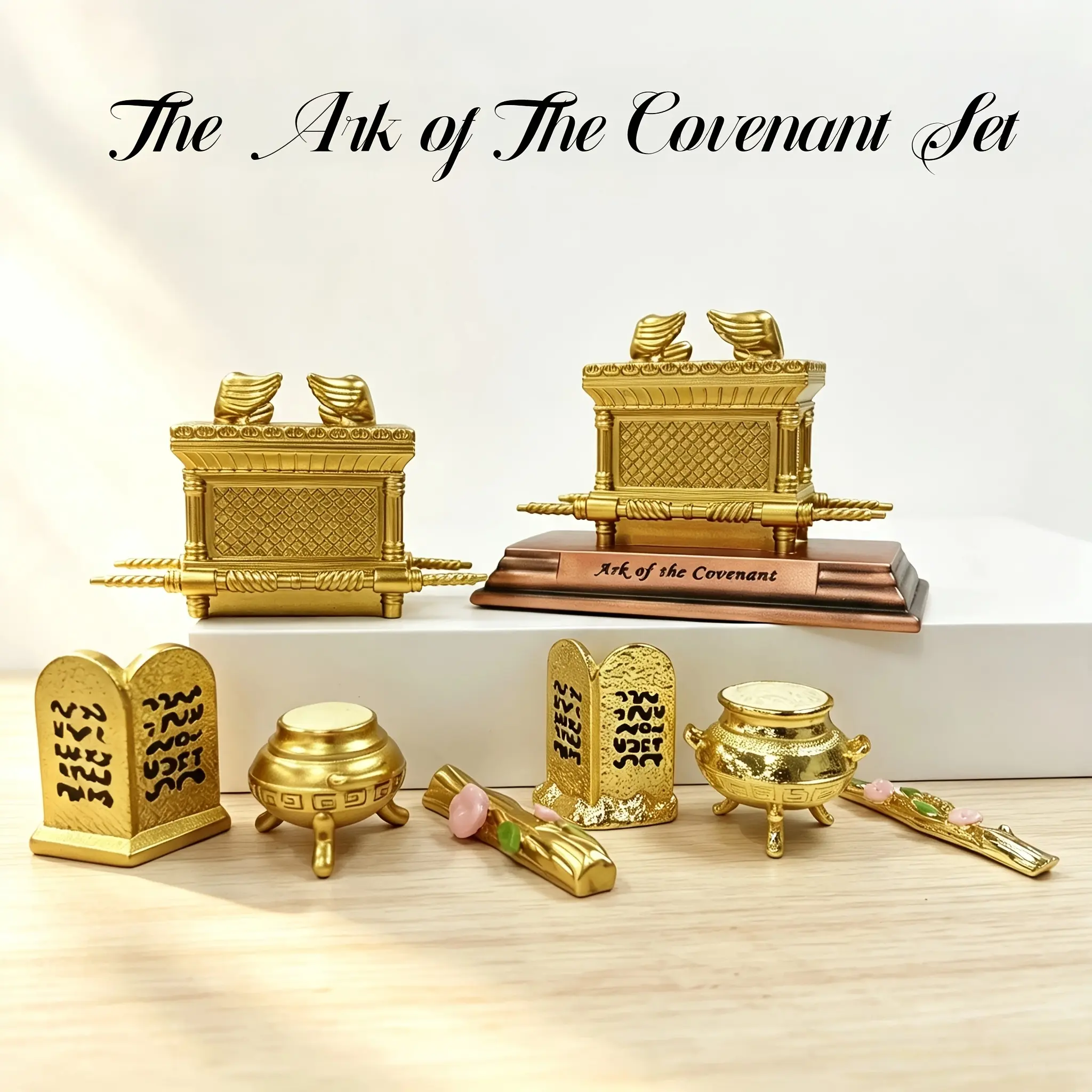 4-Piece Religious Home Decor Ark of the Covenant Set, Including Golden Table, Stone Tablets, Incense Burner, for Faith-Inspired Home Supplies Display