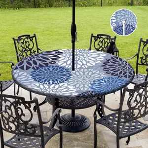Round Outdoor Tablecloth with Umbrella Hole Zippers, Patio Table Covers Round Fitted Waterproof Wipeable with Elastic Edges for Picnic Garden Party