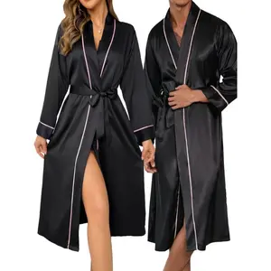 Soft satin couple’s robe, long sleeves, V-neck, polyester silk nightgown, solid color, casual, suitable for all seasons, comfortable adult bathrobe, casual wear and blinds (sports and outdoor), GARMENTARY